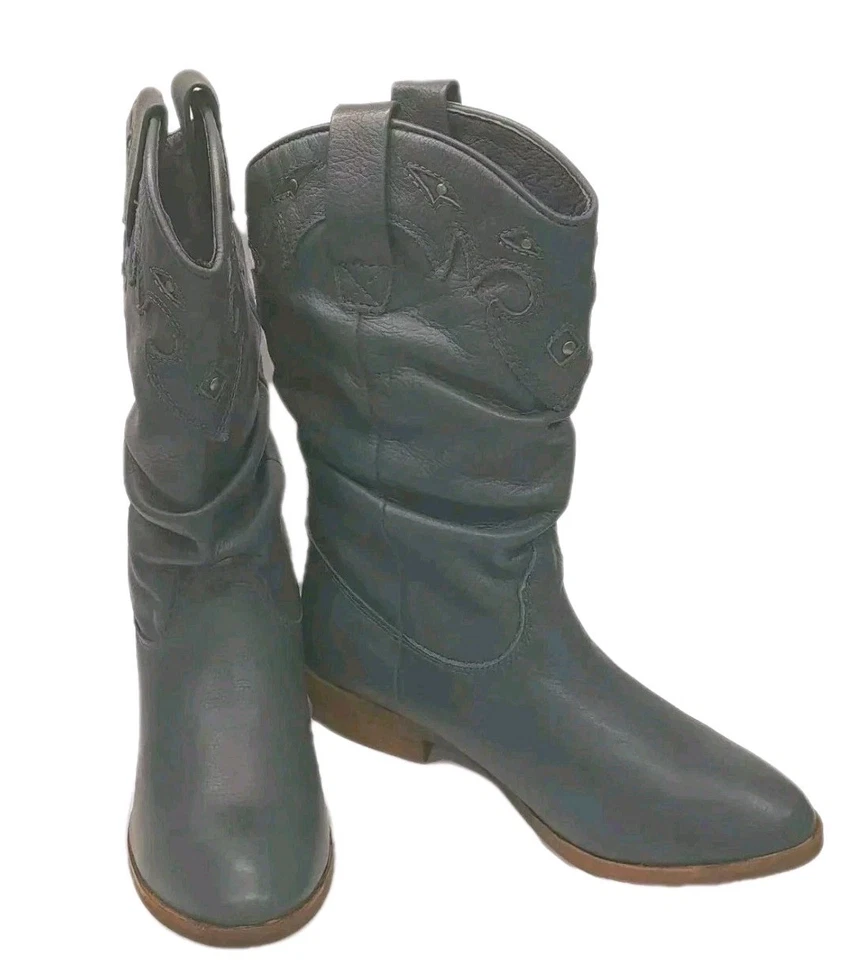 МАССИВ женщин 9B зеленый кожаный каблук середины икры с заклепками круглый носок ботинки - Изображение 2 из 4