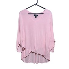 Karen Kane M Pink Crinkle Gauze Flowy Crossover Top High-Low Hem 3/4 Sleeve