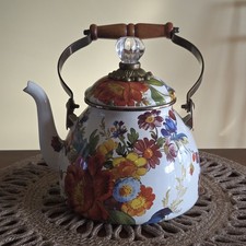 Mackenzie Childs Flower Market Floral Tea Kettle Enamel Teapot Wood Handle