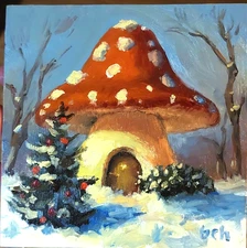 Christmas Mushroom House. Original Oil Painting. Landscape 6x6 Oil On Panel.