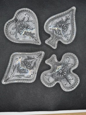 4 Clear Indiana Glass Hearts  Diamonds Club Spade Trinket Snack Dish Card Game