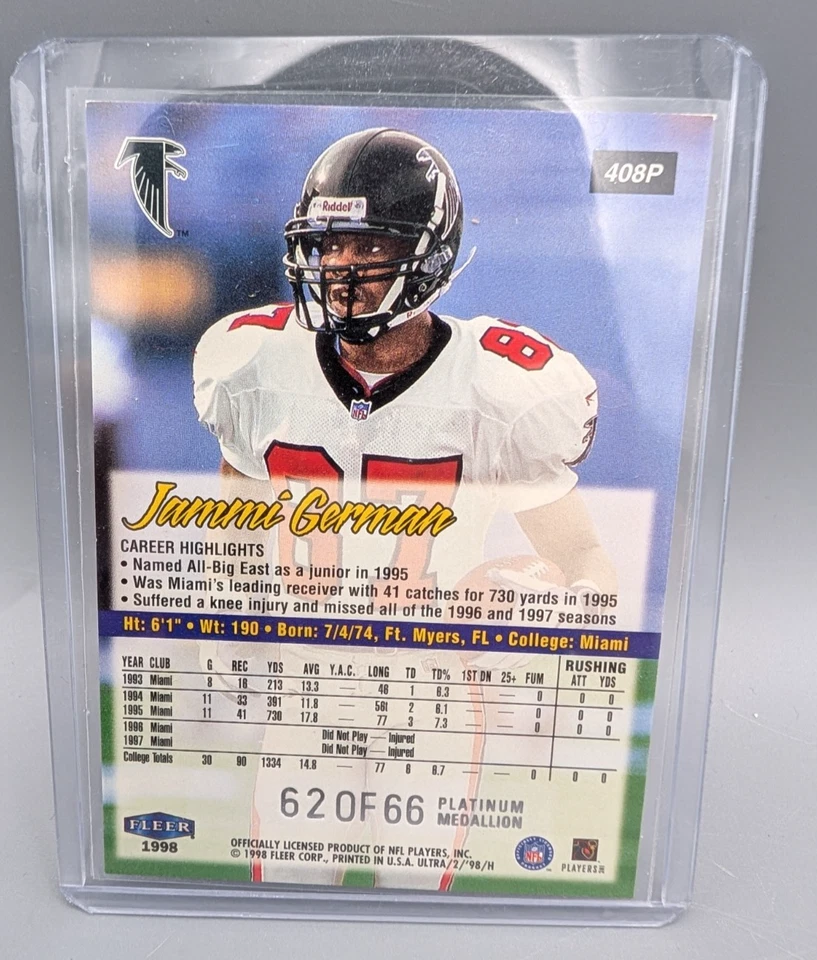 1998 Fleer Ultra Platinum Medallion #408P Jammi German Falcons 62/66 Rookie Rare - Image 2 of 3