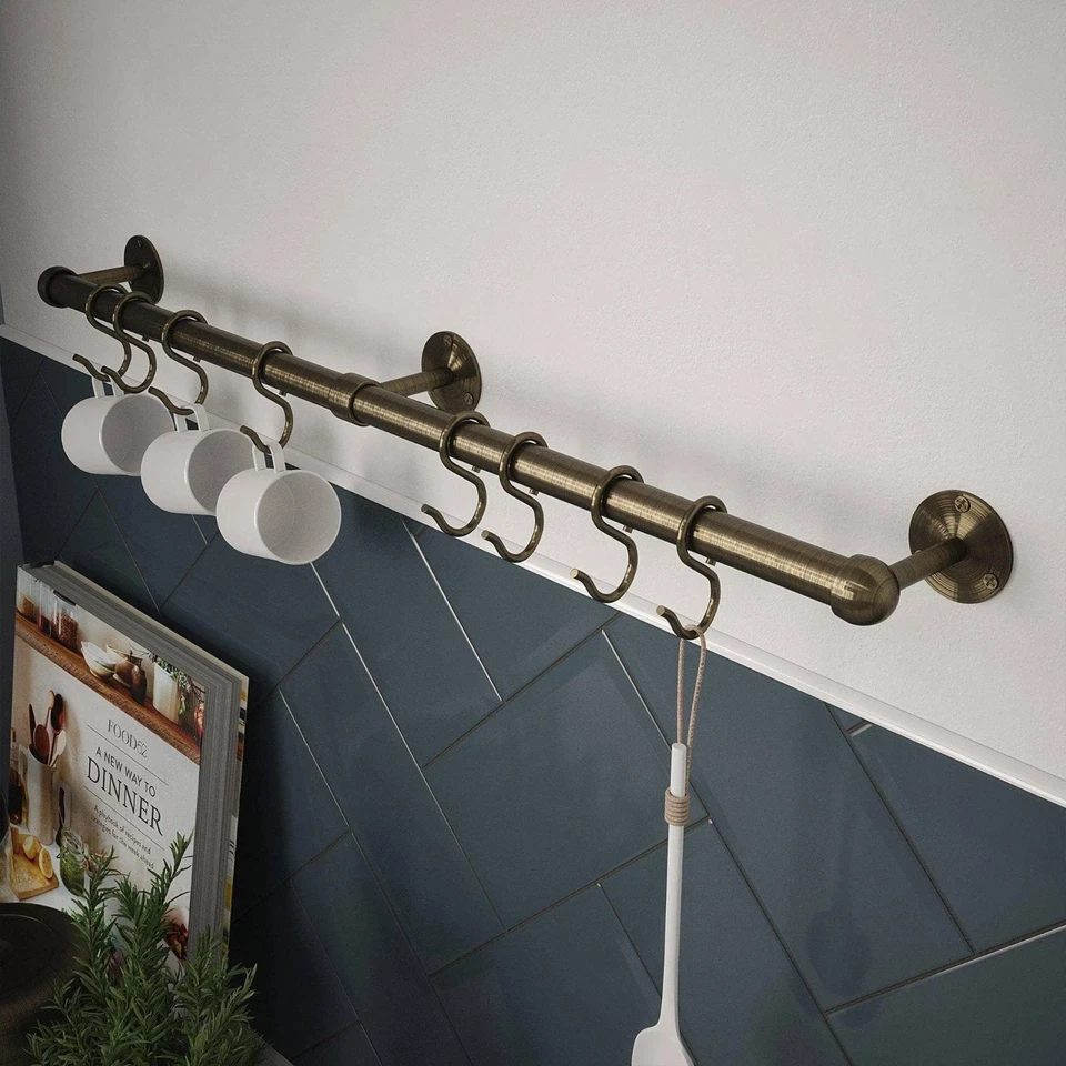 Rothley Antique Brass Hanging Rail Kit for Kitchen Utensils Rack Hook 600mm
