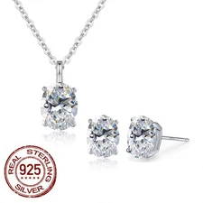 Women Fashion 925 Silver Oval Zircon Crystal Chain Necklace Earrings Jewelry Set