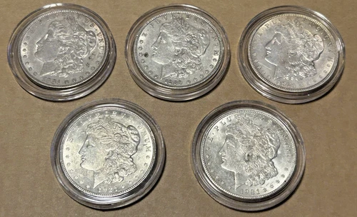 Lot of 5 Morgan Silver Dollars 1881 1889 1921-P 1921-D x2 BU Group