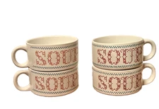 Vintage Stoneware Stacking Soup Mugs Bowls Set of 4 Ceramic Farmhouse Rustic