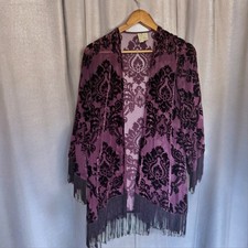 Purple Burnout Velvet Fringe Kimono Duster Boho Gothic Sheer Small