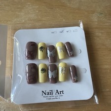 Press-On Nails Short Square Glossy Brown  Yellow Butterfly Design Set 5202