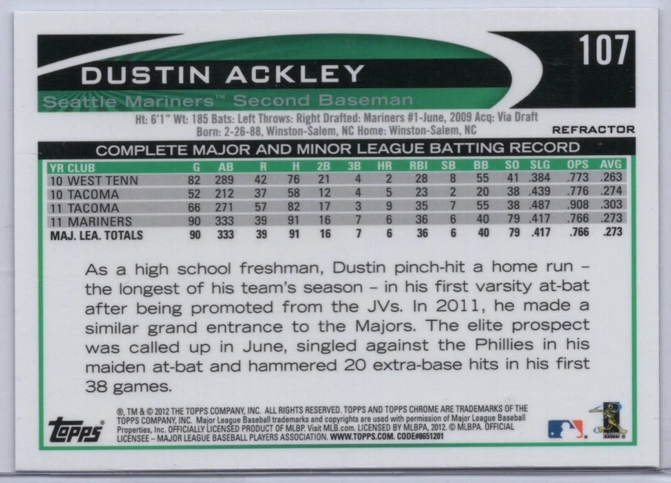 2012 Topps Chrome Xfractor #107 Dustin Ackley - Image 2 of 2
