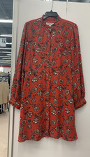 Red Floral Collared Long Sleeve Button Front Shirt Dress Womens L Short