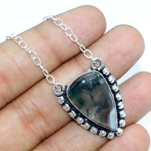 Pretty Moss Agate 925 Silver Plated Necklace 17" Luxury Inspired Design MJ - product listing photo