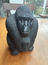 Hand Carved Dark Wooden Model of Gorilla and Baby