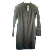 Lulus Black Knit Sleeve Mini Dress NWT Small • Mock Neck Crochet Sleeve Dress