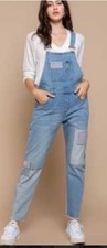 POL Denim Patchwork Boho Boutique Denim Bib Overalls Womens Sz M 8 