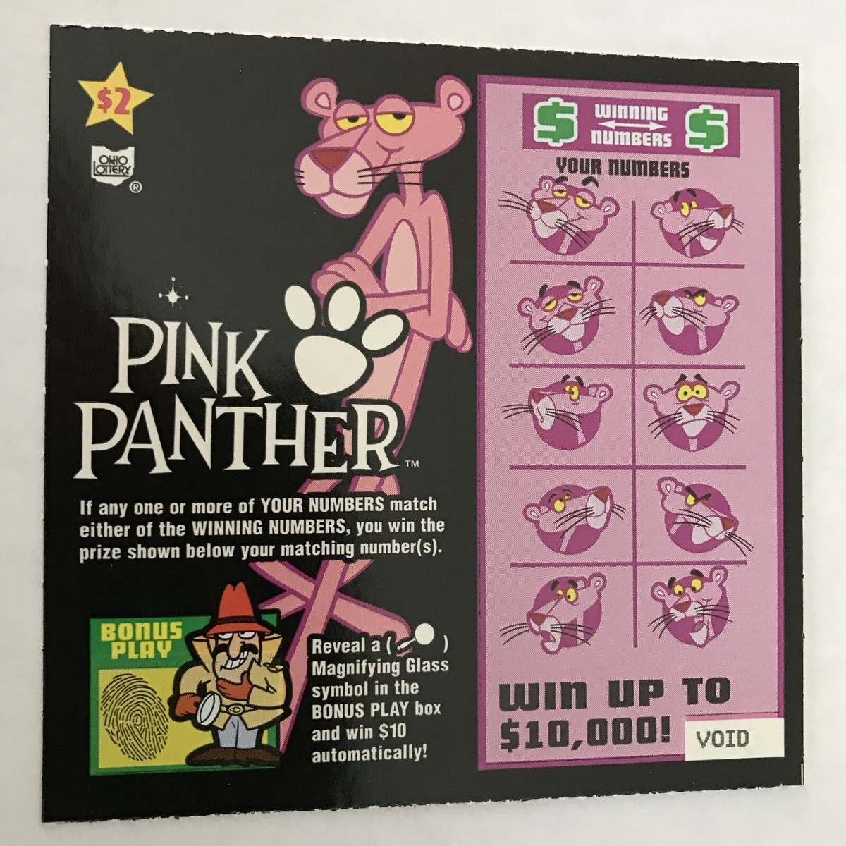 Pink Panther with Inspector, OH SV Instant lottery Ticket, black