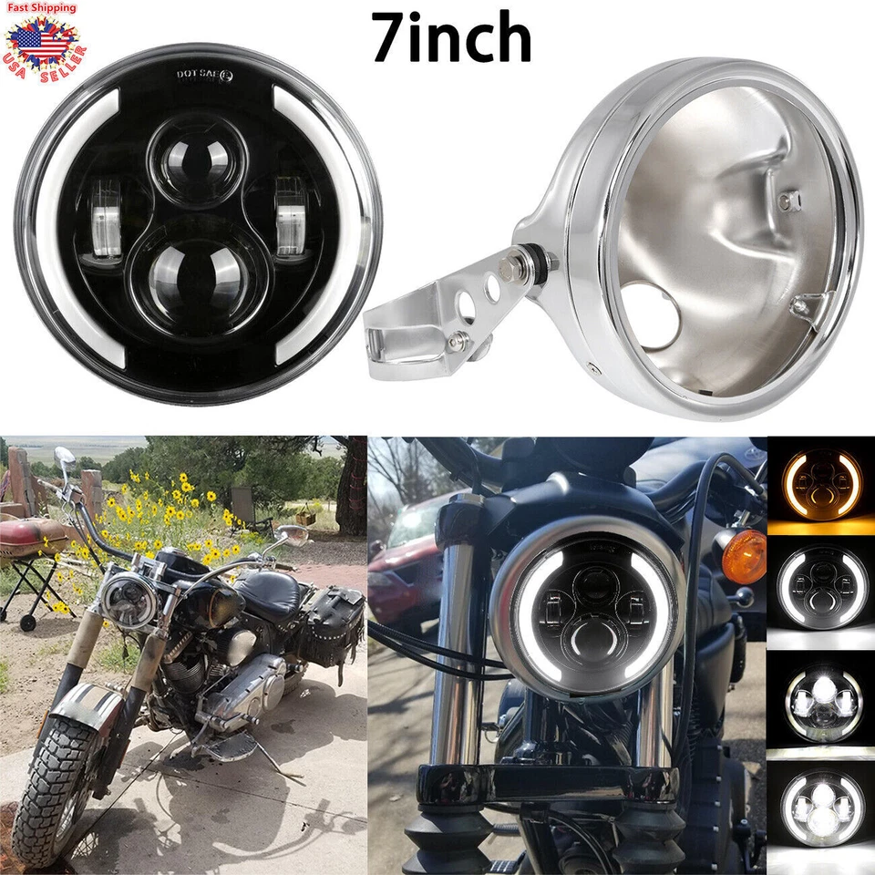 7" LED Headlight with Housing Bucket DRL Amber Turn Signal For Harley Honda - Image 2 of 4
