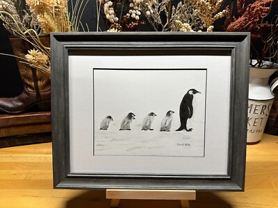 Drawing of a Penguin Bird Momma Babies Graphite Pencil Art Sketch Picture Print