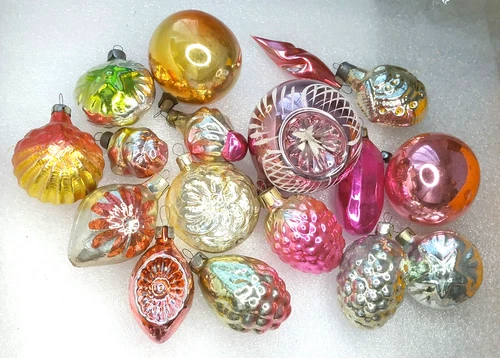 17 Antique Vintage Silver Glass USSR Christmas Ornaments Xmas Tree Decorations
