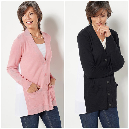 Isaac Mizrahi Live! Elements Mix Media Sweater Cardigan Black Pink Size XL *NEW*