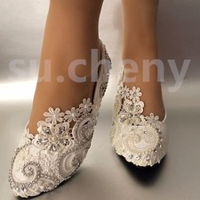 su.cheny 2  White ivory pearl lace Wedding shoes Bridal low heels size 5-12