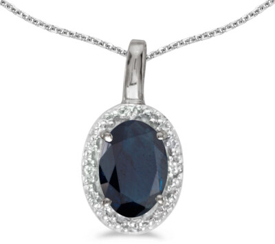 14k Weißgold ovaler Saphir und Diamant Anhänger (ohne Kette) (CM-P2615XW-09)