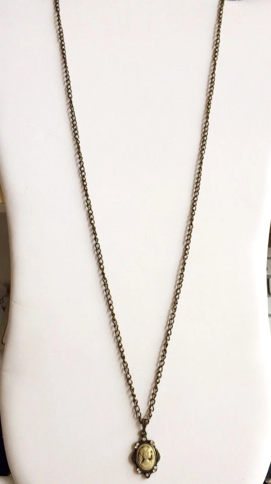 Cameo Pendant Necklace 28" X-Long Vintage Style Victorian Gold Tone Plated - Image 3 of 4