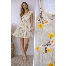 Prairie Boho Yellow Daisy Embroidered Mini Tiered Dress Women S Cream Romantic