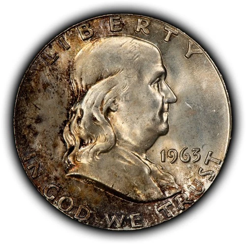 1963 50c Franklin Silver Half Dollar - Colorful Toning - BU - SKU-H3627