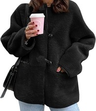 Women's Warm Oversized Faux Fur Fleece Jacket with Pockets Black Size M Medium