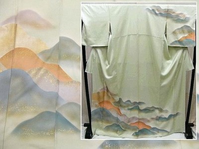 Outlet L size Made-to-measure pure silk sash kimono Calm willow gray color