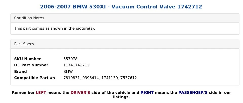 2006-2007 BMW 530XI - Válvula de controle de vácuo 1742712 - Imagem 3 de 3
