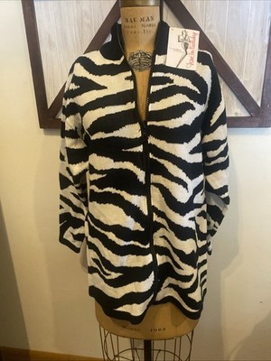 Diane Van Furstenberg Black And White Zebra Animal Print Cardigan Full Zip New