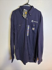 Carhartt FR Shirt Men's L Flame Resistant Workwear Navy Blue Logo Crestwood