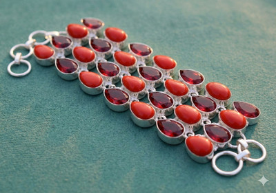 Garnet & Coral Gemstone 925 Sterling Silver Adjustable Chain Bracelet For Gift