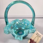 Fenton Optic Blue Green Opalescent 7 1/2” Glass Basket With Ruffled Edge