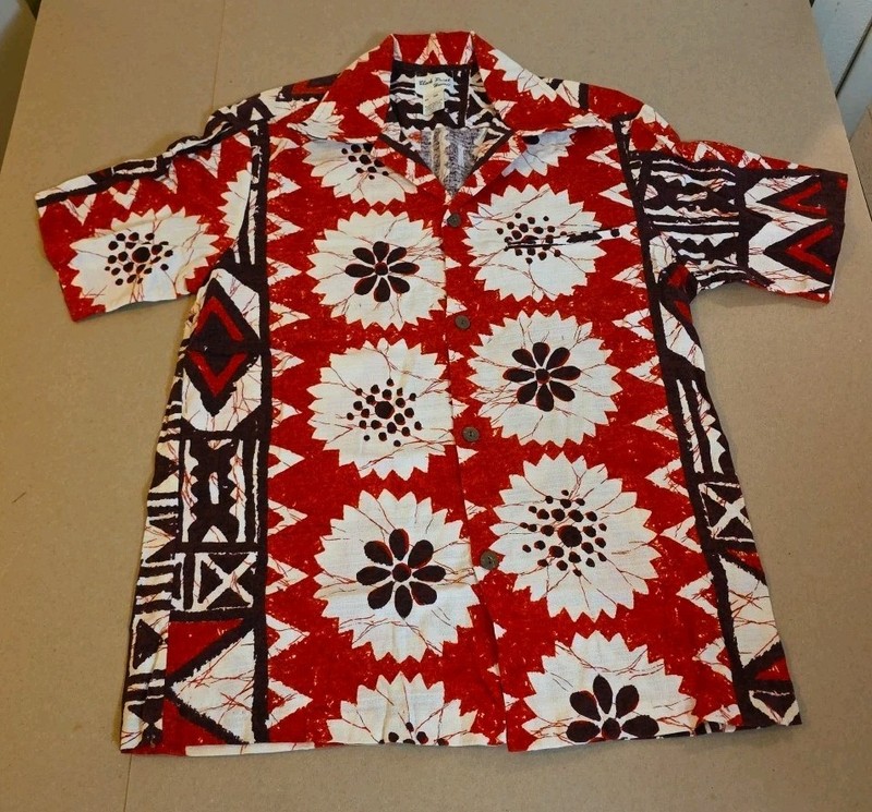 VTG 1960s Black Point Shirt Mens M Red Black White Bark Cloth Hawaiian