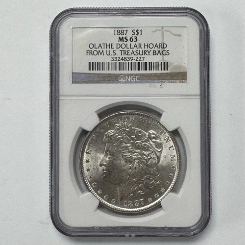 1887 $1 Morgan Silver Dollar NGC MS63 Olathe Dollar Hoard US Treasury Bag