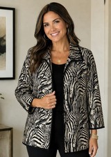 NWT Chico  s Travelers Zebra Jacquard Jacket Sz 2 Large Black/Beige Animal Print