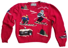 Vintage Ski Sweater Intarsia Knit Skiers Cropped Red Wool SHADOW NEW YORK M 8 