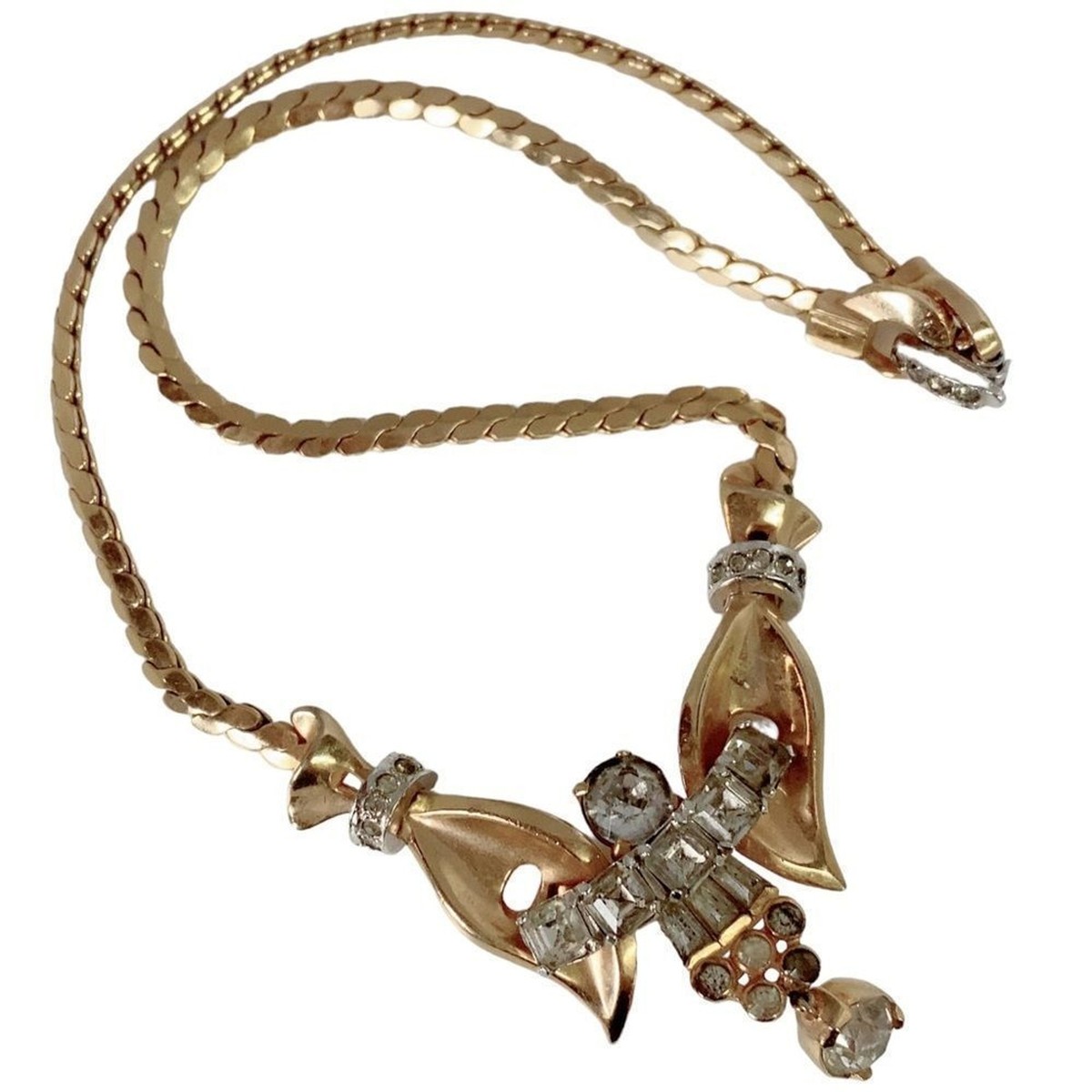 Vintage Mazer Bros Clear Rhinestone Necklace Angel Gold Tone