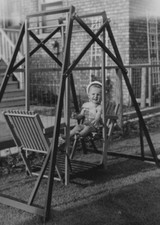 1950s Baby High Chair Swing Set Outdoor Yard Smiling Playing Wooden Frame