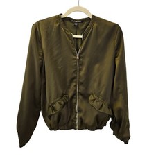 Zara Satin Ruffle Accent Full Zip Bomber Jacket Size Small/Medium
