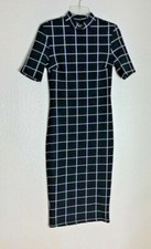 Womens Sz S Window Pane Dress Slum Fit Midi Black White 