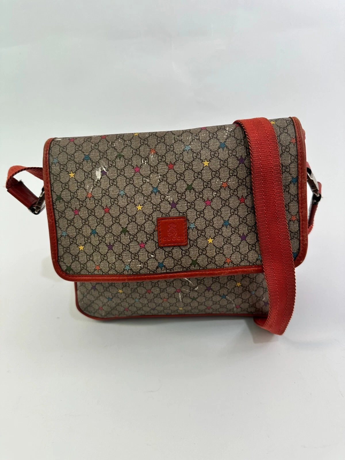 Sac messager GUCCI enfant GG suprême monogramme étoiles rabat moyen beige orange