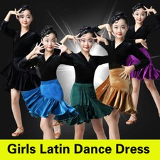 Girls Latin Dance Dress Long Sleeve Velvet Salsa Samba Gymnastics Dancewear