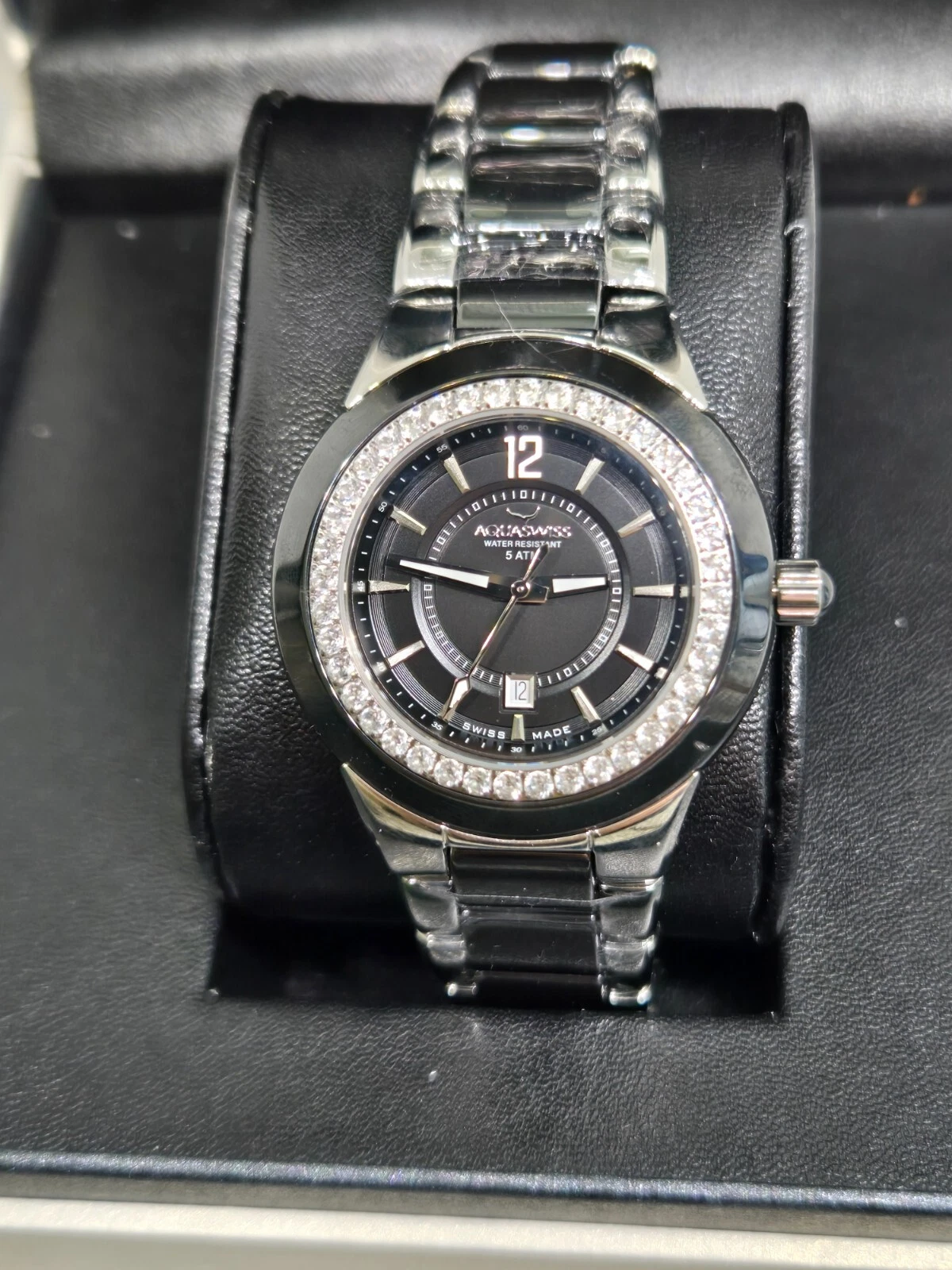 New AquaSwiss 38MM Stainless Steel  Ceramic & White Topaz Bracelet Watch. $1495