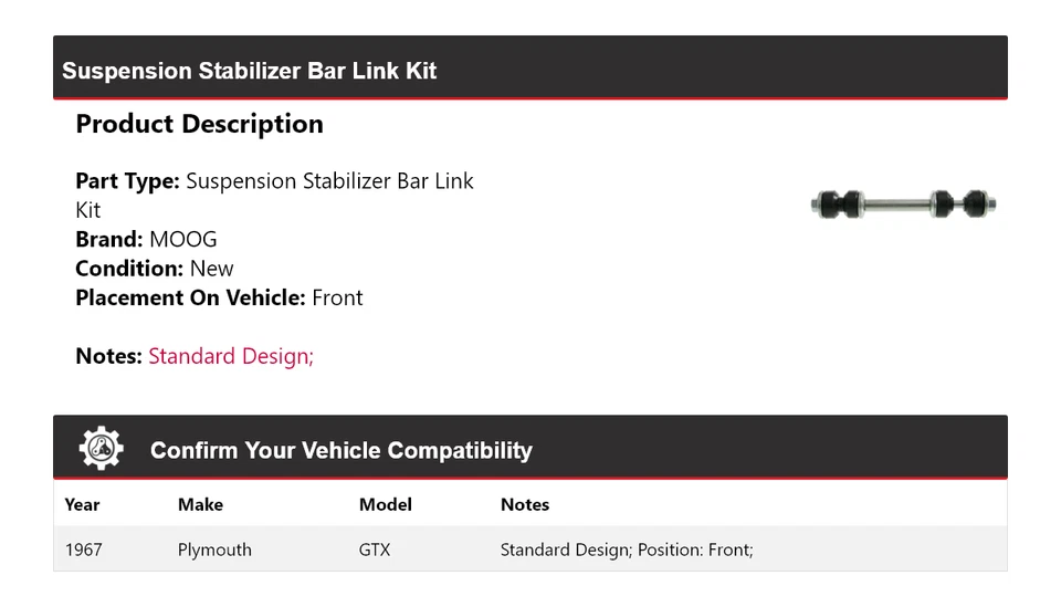 Kit de eslabones de barra estabilizadora de suspensión delantera MOOG para Plymouth GTX 1967 Foto 2 de 4