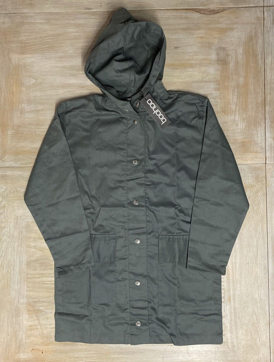 Womens Jacket Size UK 12 Charcoal Boohoo Rain Mac Coat Hooded RRP £55