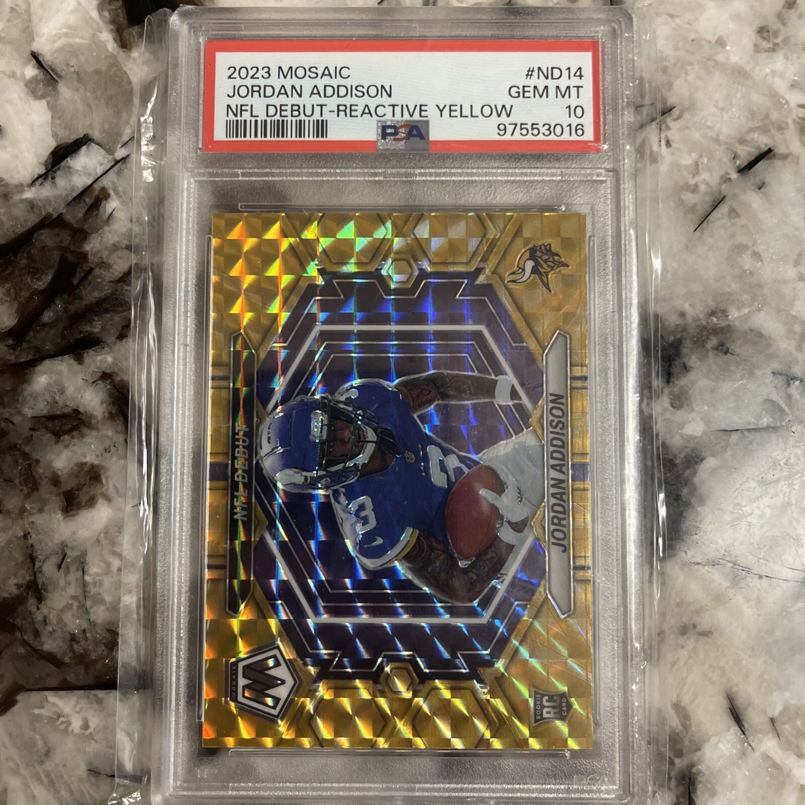 2023 Mosaic Jordan Addison NFL Debut RC Reactive Yellow PSA 10