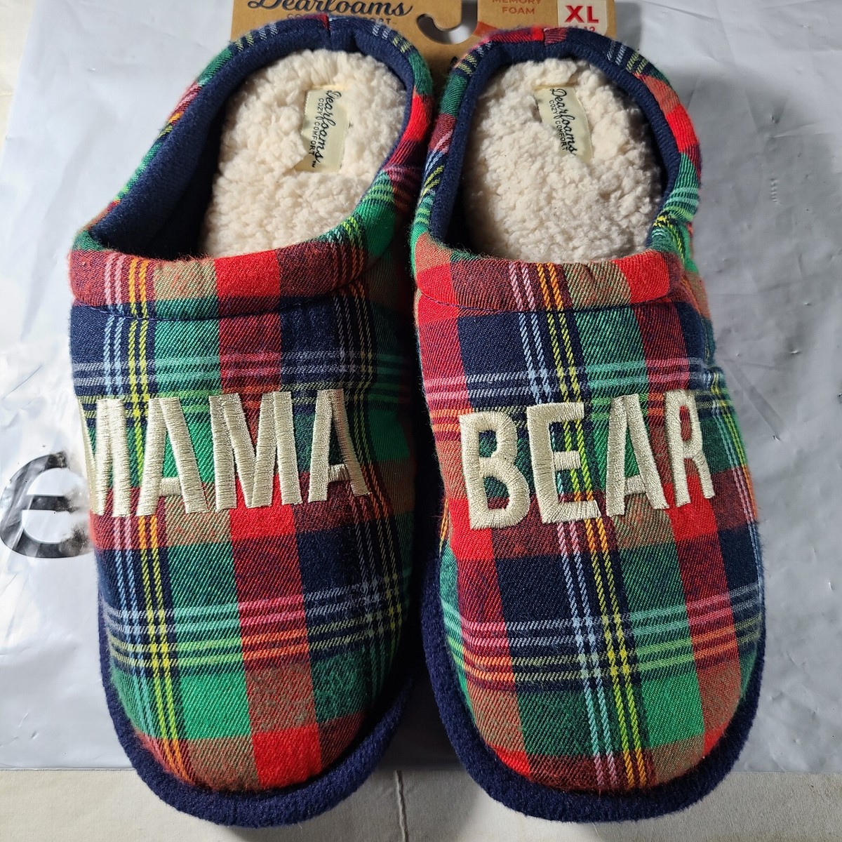 Dearfoams Mama Bear Memory Foam Slippers Plaid Size X-Large (11-12